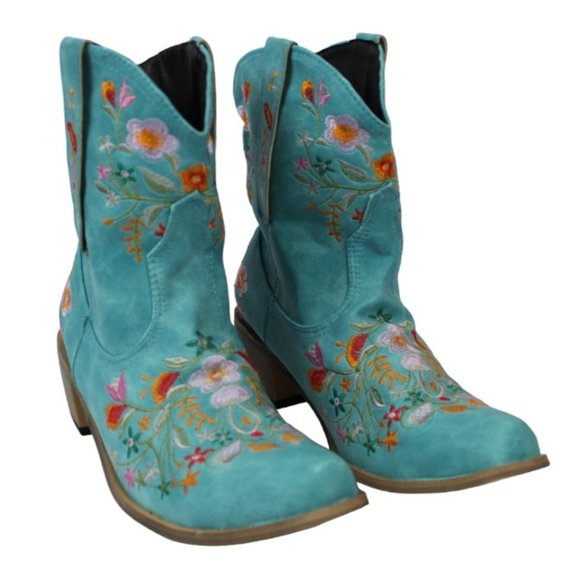 Balajoy 7.5 Blue Cowgirl Embroidery Ankle Boots Floral Western Boho Slipon Comfy - Picture 9 of 16